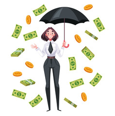 Business people characters standing under money rain with umbrella. Vector graphic design illustration element