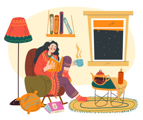 People read book in cozy home interior abstract concept. Vector graphic design illustration element