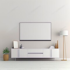 Livingroom interior wall mock up with with cabinet for tv on white color wall background.3d rendering