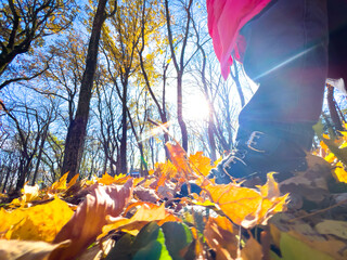Walking ang kicking dry leaves in park with sun flare on background, wide angle view from the ground