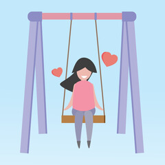 Swing vector of joyful lovely girl or woman or female sit up on swing in mood happy love heart. Vector illustration swing paper art love style couple concept for valentine's day or online shopping.