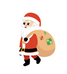 Santa is carrying big sack with gifts. Santa Claus. Present. Christmas. Flat, cartoon, vector