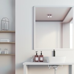 White bathroom sink with a rectangular mirror hanging above it in a white wall bathroom. A make up shelf and mirror. 3d rendering