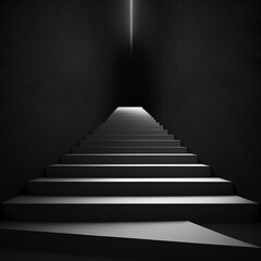 Fototapeta na wymiar Black ascending stairs of rising staircase going upward in empty black room, abstract 3D illustration. Business growth, progress way and forward achievement problems in the dark creative concept.