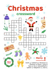 Christmas crossword. Educational puzzle game for kids. Christmas words. Flat, cartoon, vector