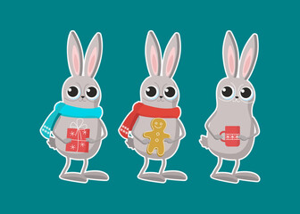 Cute cartoon hare in a red scarf. Sticker Home pet, rabbit. Set of funny bunnies. Christmas, New Year. Symbol of the Chinese New Year. Vector graphics, winter illustration, holiday decoration. 