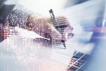 Creative code skull sketch and hand writing in notepad on background with laptop, theft of personal data and malware concept. Multiexposure