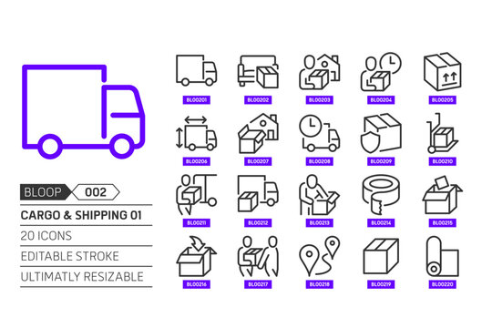 Cargo & shipping related, pixel perfect, editable stroke, up scalable, line, vector bloop icon set.