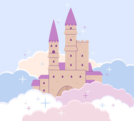 Castle medieval background. Fairytale pink fort in cartoon clouds. Princess fantasy building, tale magic palace. Baby fortress decent vector design