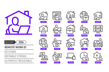 Remote work 01 related, pixel perfect, editable stroke, up scalable, line, vector bloop icon set.