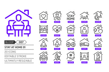 Stay at home related, pixel perfect, editable stroke, up scalable, line, vector bloop icon set.