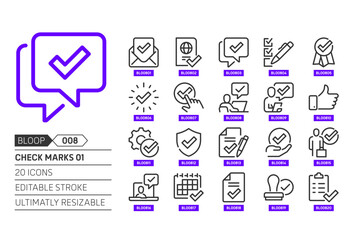 Check marks related, pixel perfect, editable stroke, up scalable, line, vector bloop icon set.