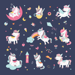 Cute cartoon unicorns on rainbow. Unicorn flat comic baby stickers, clouds and rainbows, stars elements. Pretty magic pony nowaday vector characters