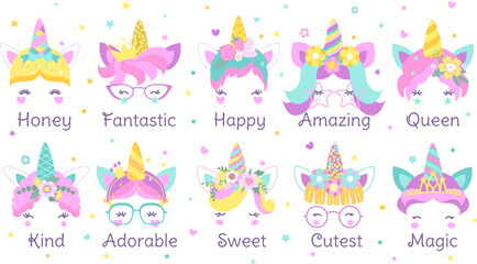 Funny unicorn face prints. Queen and princess unicorns, magic fairytale pony with gold horn graphic design. Cute cartoon nowaday baby stickers