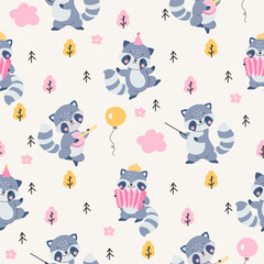 Raccoon childish seamless pattern. Cute raccoons kids wrapping, kawaii woodland animals. Baby textile print nowaday design, vector scandi background