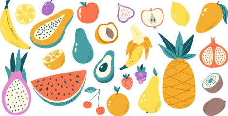 Schilderijen op glas Doodle color fruits organic. Isolated trendy ingredients, mango, sweet strawberry. Health fruit, dessert food fresh market. Snugly vector pear, apple, grape, orange © MicroOne