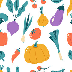 Organic doodle vegetables seamless pattern. Tasty vegetabla, restaurant kitchen textile colorful print. Fresh food snugly vector background