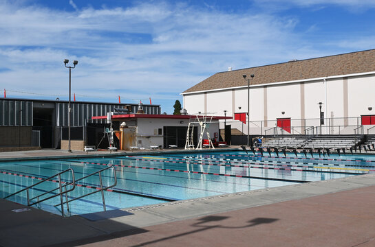 SANTA ANA, CALIFORNIA - 11 NOV 2022: Swimming Pool on the Campus of Santa Ana College.