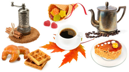 Coffee drink in a porcelain cup, coffee beans, coffee pot, cinnamon, pastries, and cake isolated on white. Collage.