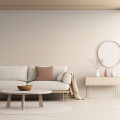 Interior wall mockup with soft minimalist living room in warm beige neutrals with curved low furnishing and natural materials. Illustration, 3d rendering.