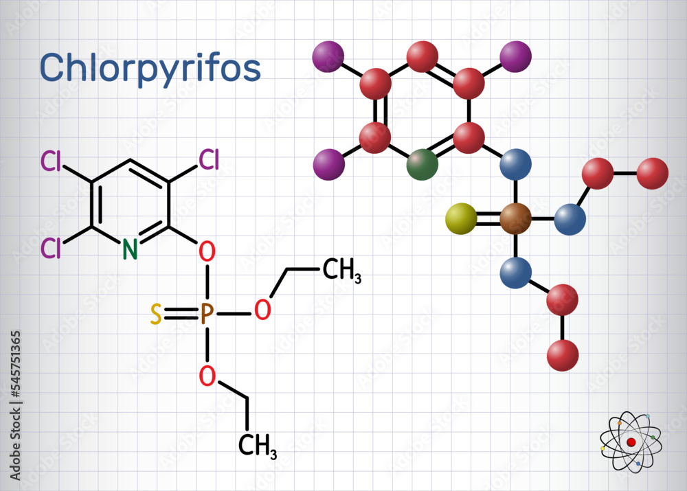 Wall mural Chlorpyrifos, CPS molecule. It is organophosphate neurotoxicant, used as pesticide. Structural chemical formula, molecule model. Sheet of paper in a cage.