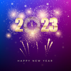 Happy New Year 2023. New Years banner with gold numbers with clock and firework