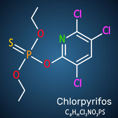 Chlorpyrifos, CPS molecule. It is organophosphate neurotoxicant, used as pesticide. Structural chemical formula on the dark blue background