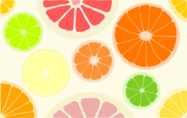 Many different citrus fruits in a cut as a background, texture, pattern. Orange, grapefruit, lemon, tangerine, lime in doodle style.	