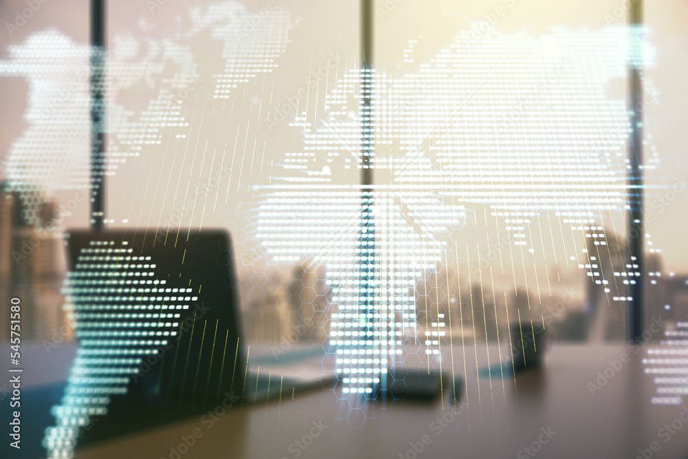 Aufkleber Abstract creative world map and modern desktop with computer on background, international trading concept. Multiexposure