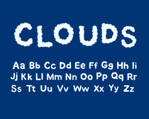 Kids cloud font, english alphabet letters. ABC of white clouds in blue sky. Lowercase and uppercase © Kristina Chistiakova
