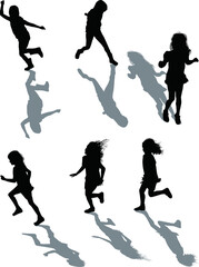 six small running girl silhouettes group on white
