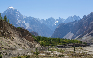 Aerial panoramic view of Karakorum Highway not far from Pakistani-Chinese border. Mountainous landscape and the road. High mountains. Kunjirap Pass