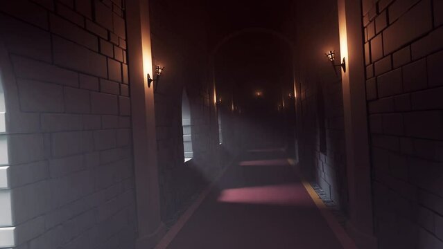 Dark castle corridor with hanging candles and red carpet. Design. Medieval interior of a fortress or castle.