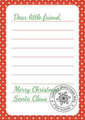 Dear little friend. Reply letter from Santa Claus. Template. Flat, cartoon, vector