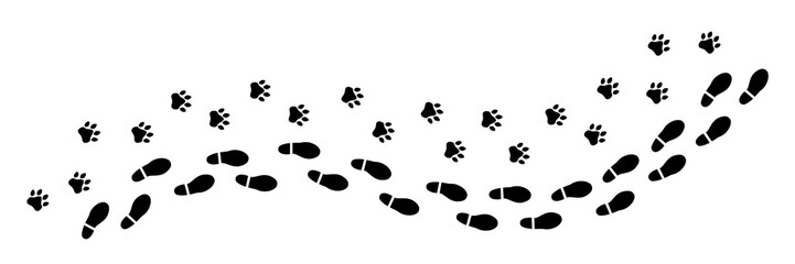 Fototapeta premium Two isolated black footprint trails (comics silhuoette shapes of a dog paw along with a human shoe), going from the left to the right (horizontal orientation). 