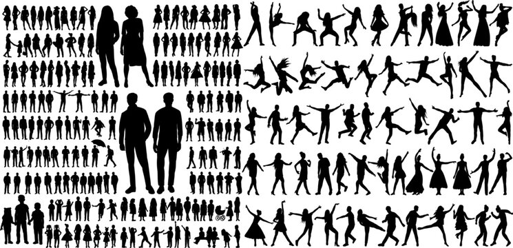 silhouette people, men, women, children set, vector design isolated