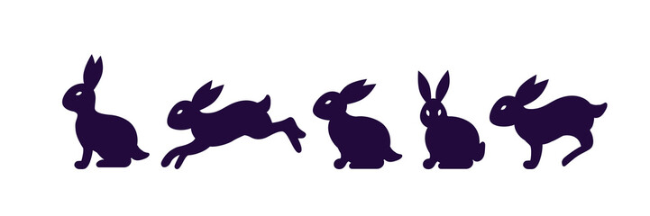 Silhouettes of running rabbits. Stylized animal illustration. Symbol of Chinese New Year 2023. For stickers, posters, postcards, design elements