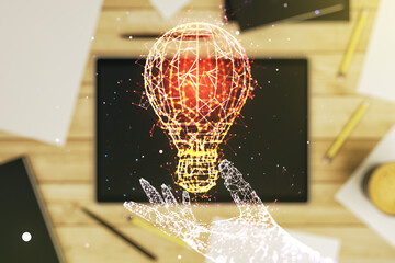Obraz na płótnie Canvas Creative idea concept with light bulb illustration and modern digital tablet on background, top view. Multiexposure