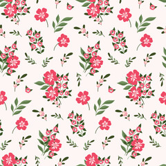 Seamless floral pattern, pretty flower print with a folk, rustic motif. Cute ditsy design with hand drawn pink flowers, small twigs, leaves in an abstract arrangement on a white background. Vector.