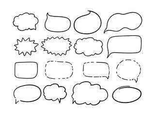 A hand-drawn collection of conversation elements, message boxes. Simple doodle sketch style. Vector illustration.