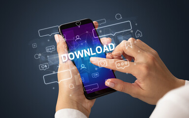 Hand using smartphone with social media concept