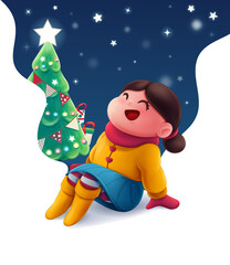 sweet little girl sitting book under christmas starry sky