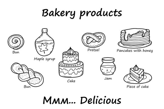 Hand-drawn buns, baking bakery elements, delicious pies and cakes, a simple sketch in the style of doodles. Flat vector illustration.