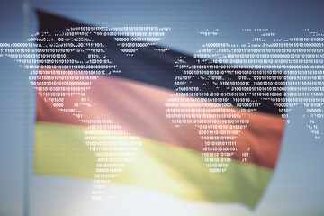 Abstract creative world map interface on flag of Germany and sunset sky background, international trading concept. Multiexposure