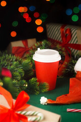 Christmas coffee in paper cup, take away cafe