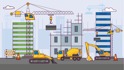 Construction process with construction machines and erected building vector..eps
