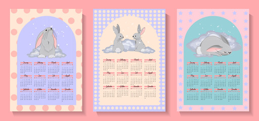 calendar for 2023 Year of the Rabbit. Vector calendar template vertical A4 format.