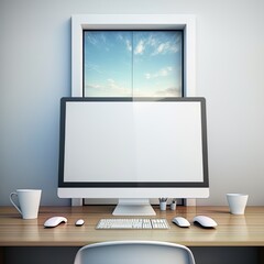 Creative desktop with blank white computer monitor,3D Rendering,