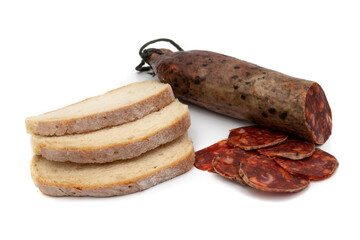 Iberian chorizo, is a Spanish sausage. Isolated on white background. Spanish food concept.