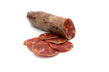 Iberian chorizo, is a Spanish sausage. Isolated on white background. Spanish food concept.